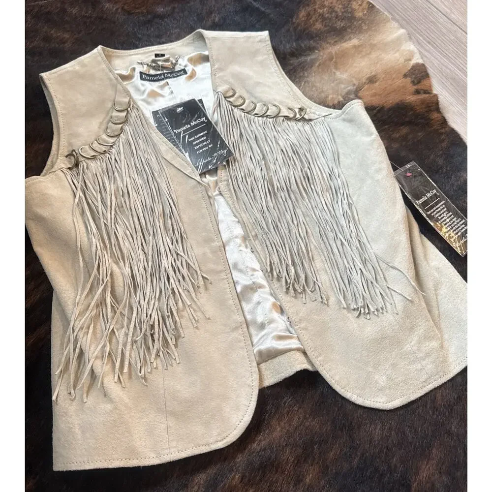 Rare NWT VTG Pamela McCoy Suede Fringe Vest Boho Western Cowgirl Beige Medium